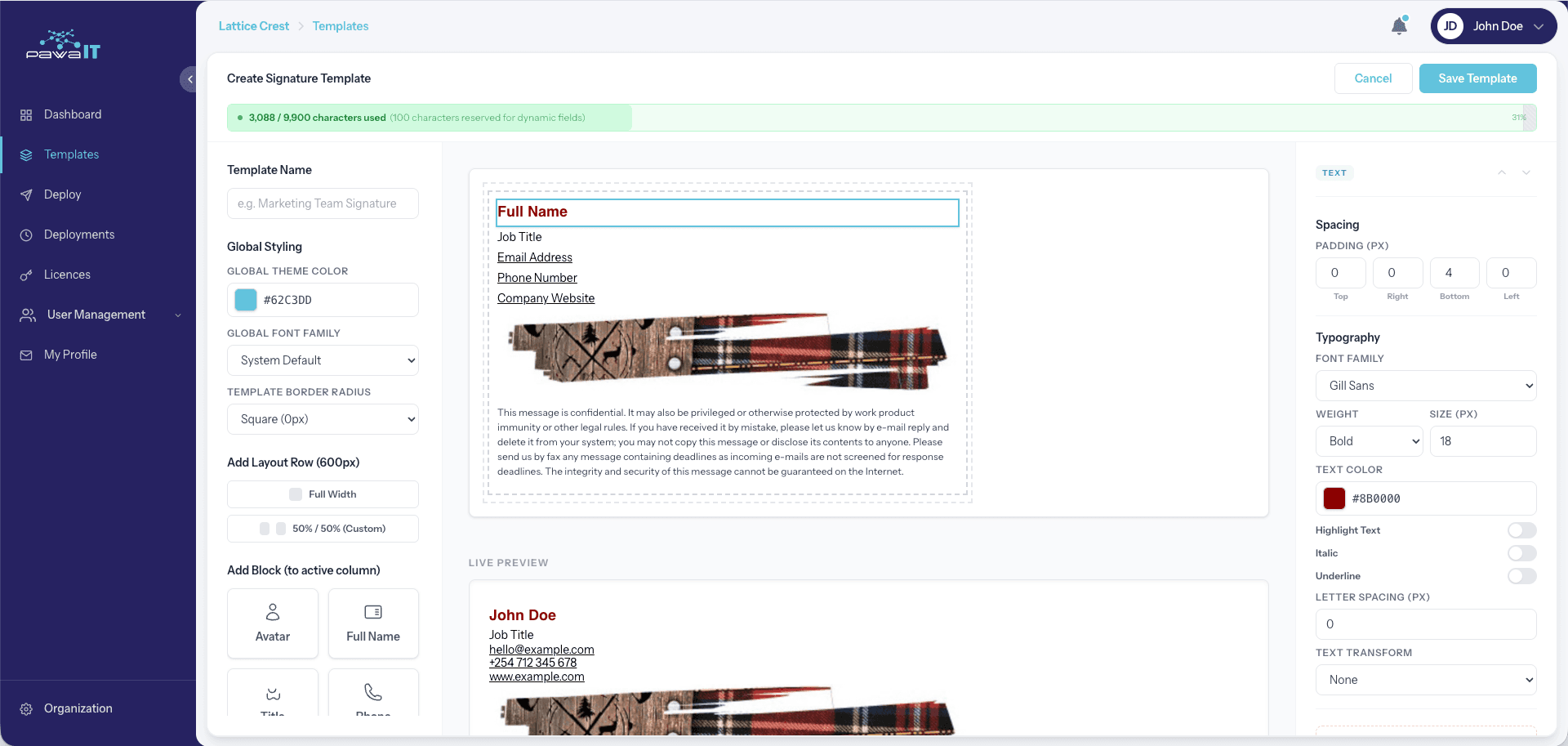 Signature builder with block styling controls
