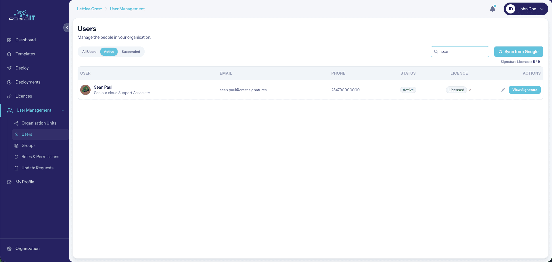 User Management screen with Sync from Google button