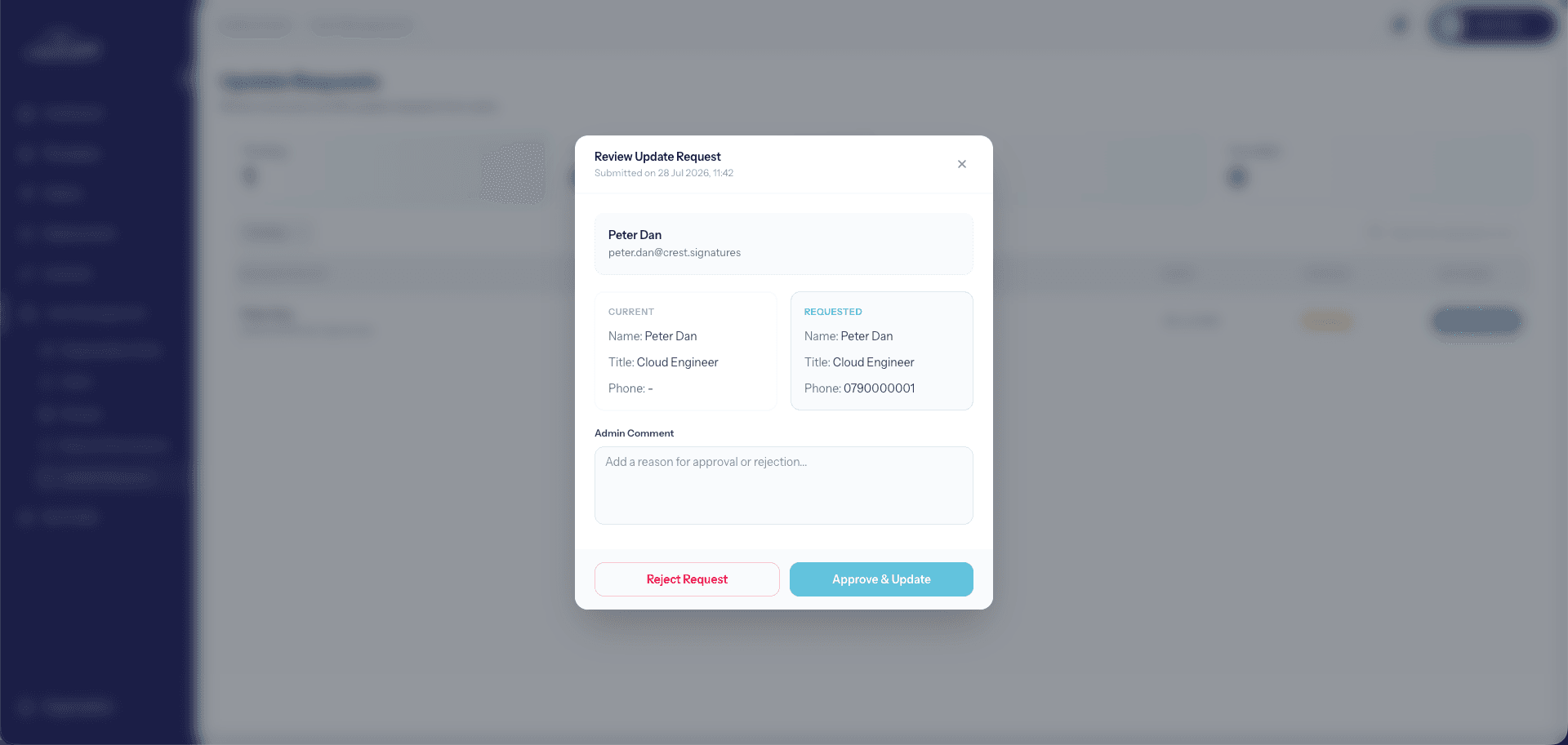 Review Update Request modal comparing current and requested values