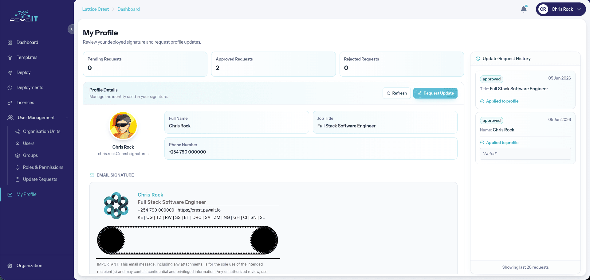 My Profile page showing deployed signature and update request history