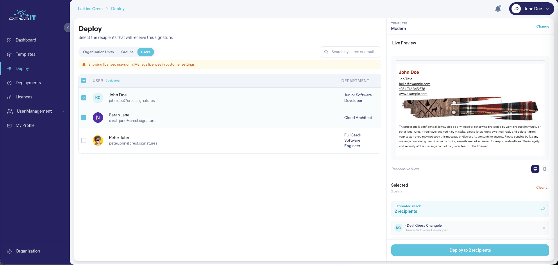 Lattice Crest deploy screen, selecting a template and target users