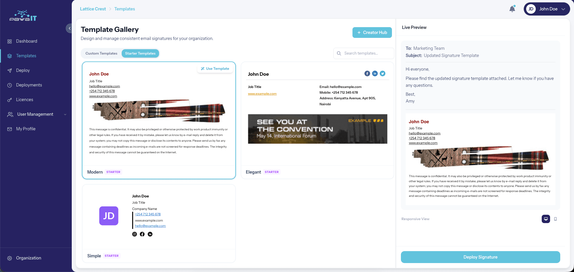Lattice Crest - Email Signature Management template gallery, showing starter signature templates and a live preview